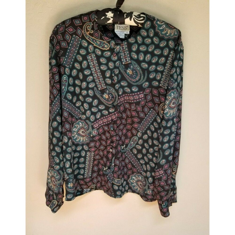 TESS Womens Button Down Top Blouse Size 10 Paisley Geometric Long Sleeve Multi
